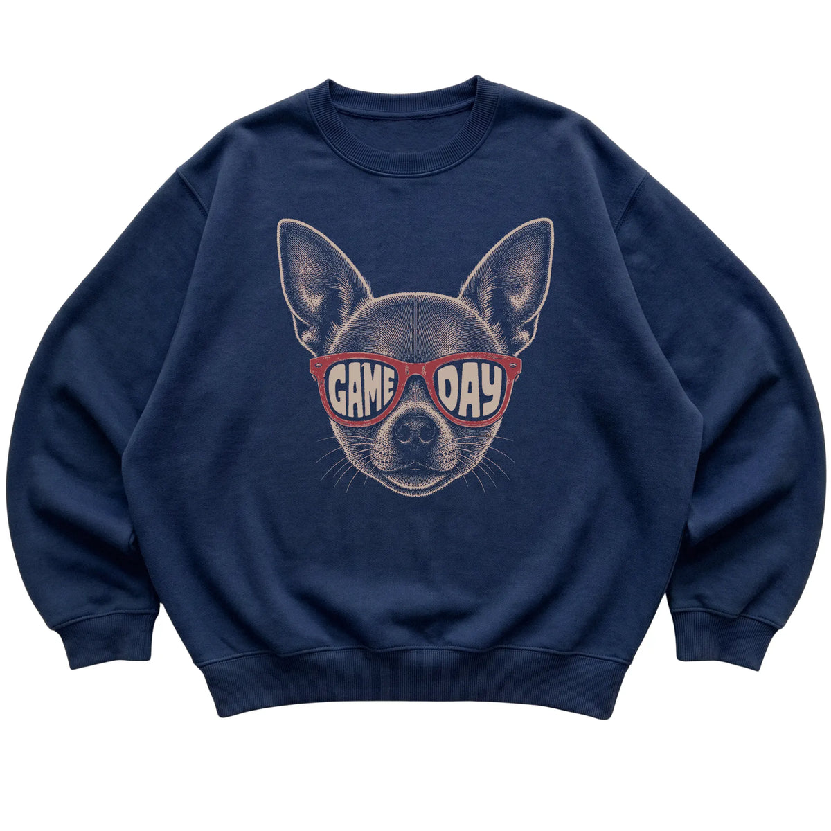 Navy Chihuahua Game Day Sunglasses sweatshirt, laid flat