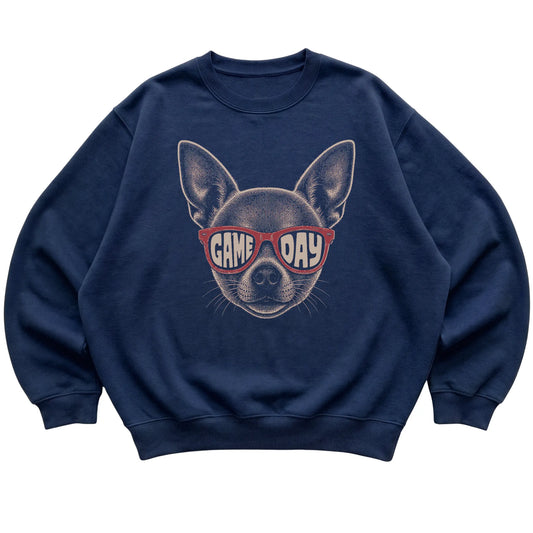 Navy Chihuahua Game Day Sunglasses sweatshirt, laid flat