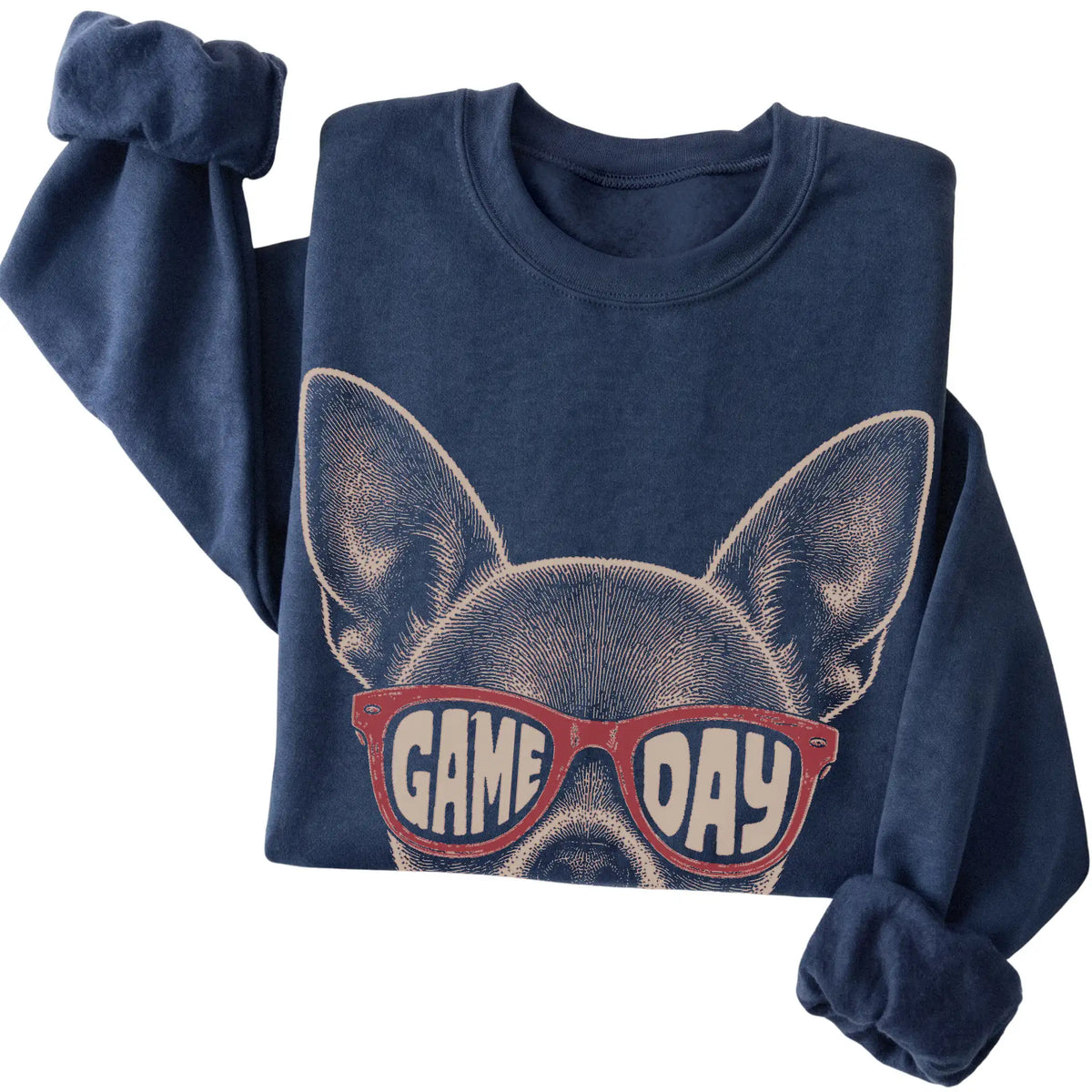Navy Chihuahua Game Day Sunglasses sweatshirt, folded