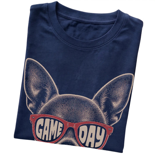 Navy Chihuahua Game Day Sunglasses T-shirt, folded