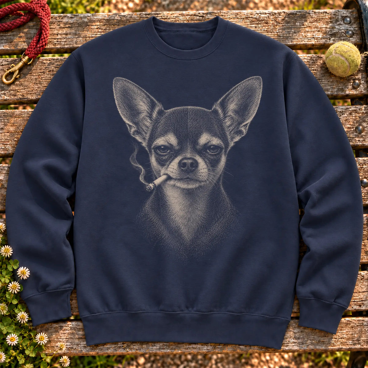 Chihuahua smoking design on a Navy sweatshirt