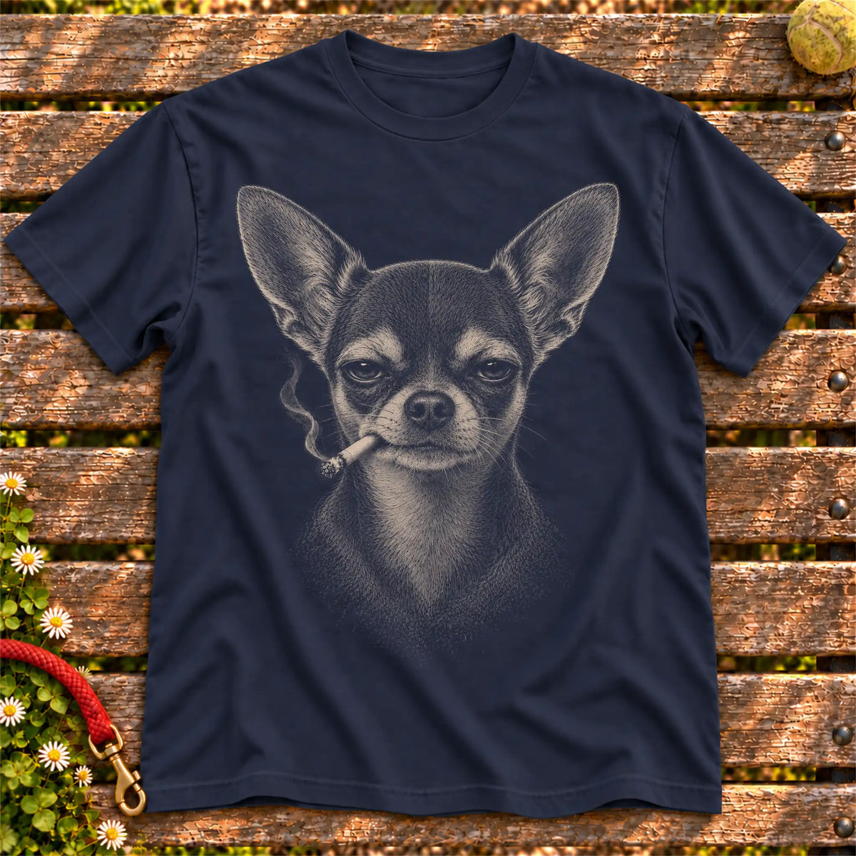 Chihuahua smoking design on a Navy t-shirt