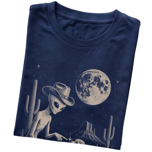 Navy T-shirt featuring Cocker Spaniel Cowboy and Alien, folded presentation
