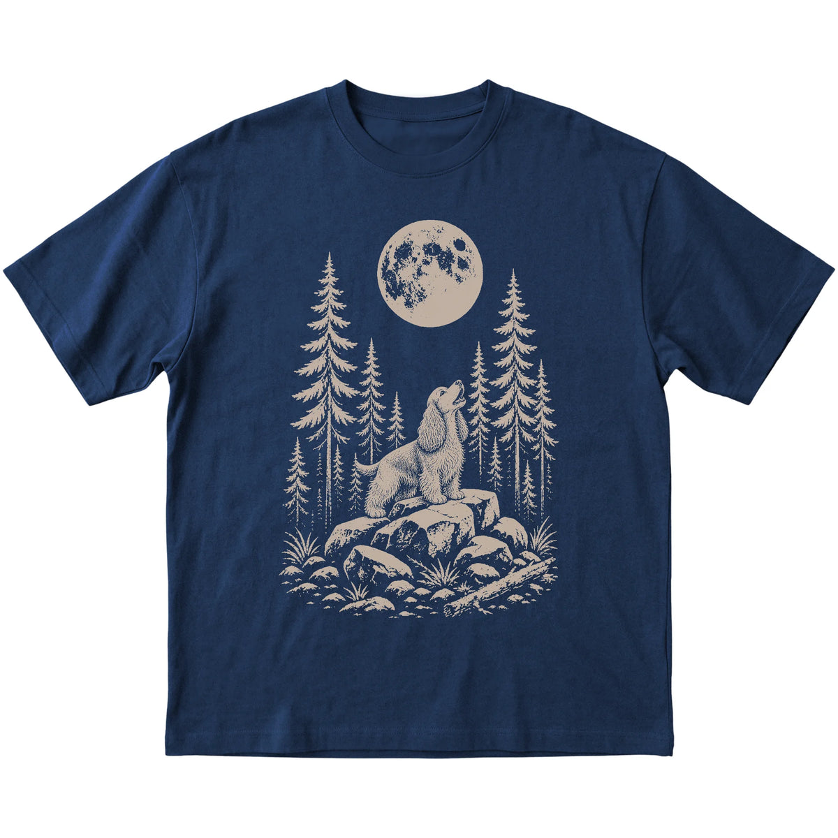 Close view of Cocker Spaniel Howling at the Moon artwork on Navy softstyle T-shirt