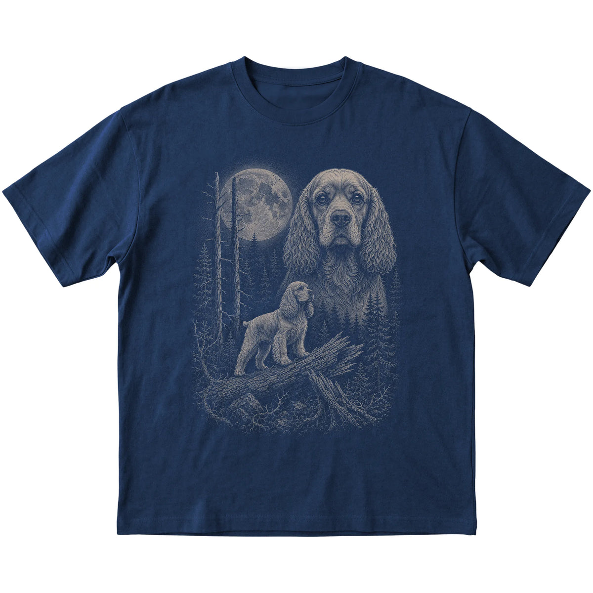 Cocker Spaniel Moonlit Forest graphic on a navy Softstyle T-shirt laid flat