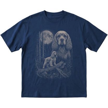 Cocker Spaniel Moonlit Forest graphic on a navy Softstyle T-shirt laid flat