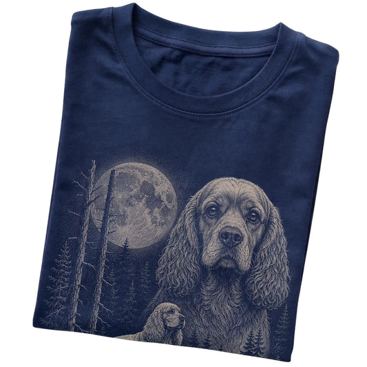 Folded navy Softstyle T-shirt showing the Cocker Spaniel Moonlit Forest graphic