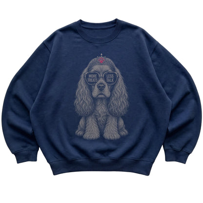 Navy Cocker Spaniel More Treats Less Talk T-Shirt laid flat