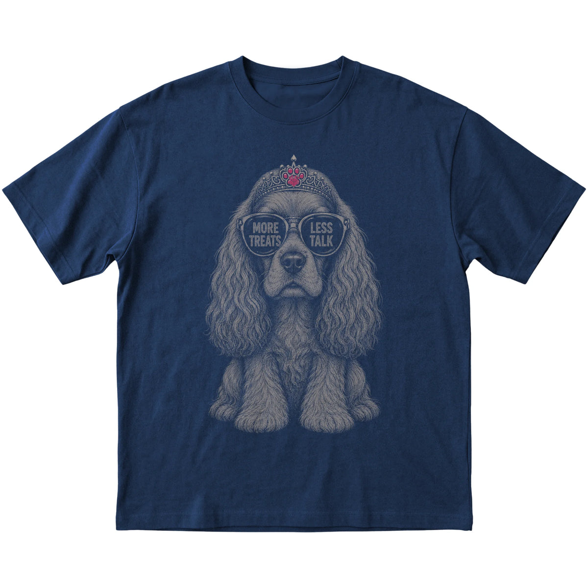 Navy Cocker Spaniel More Treats Less Talk T-Shirt laid flat