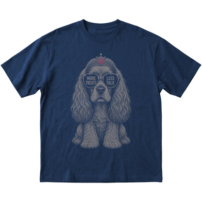 Navy Cocker Spaniel More Treats Less Talk T-Shirt laid flat