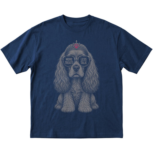 Navy Cocker Spaniel More Treats Less Talk T-Shirt laid flat