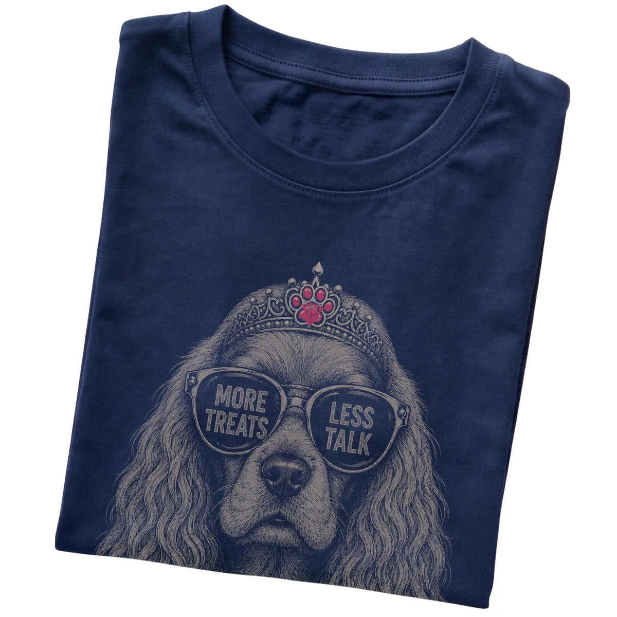 Navy Cocker Spaniel More Treats Less Talk T-Shirt folded detail