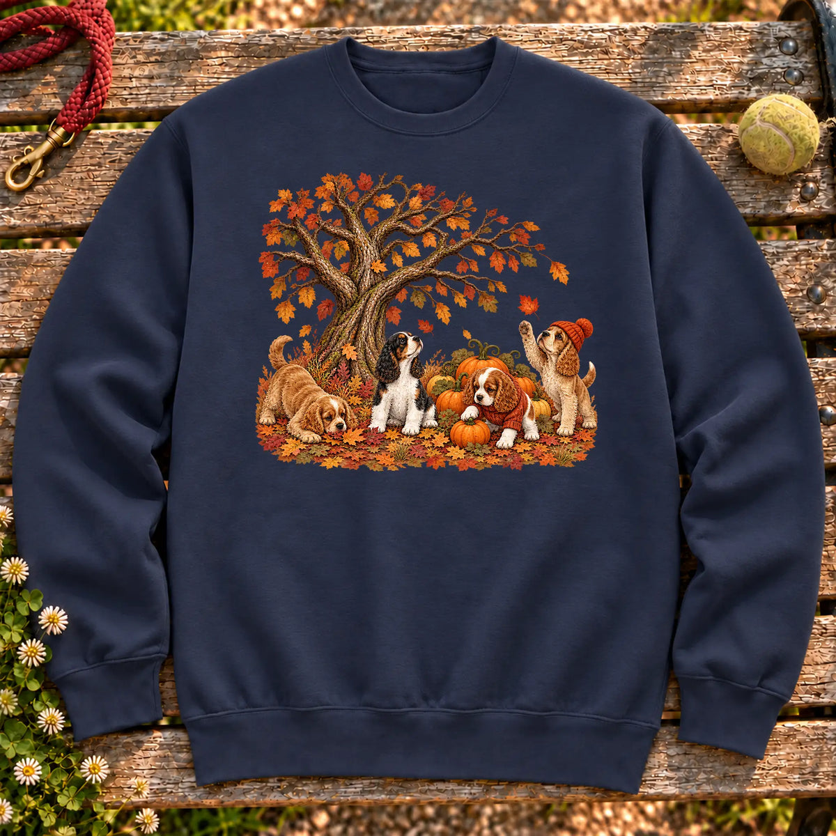 Four Cocker Spaniel puppies with pumpkins beneath an autumn tree on a Navy crewneck sweatshirt