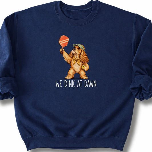 Cocker Spaniel with a pickleball paddle and ball on a Navy Gildan® sweatshirt with We Dink at Dawn text