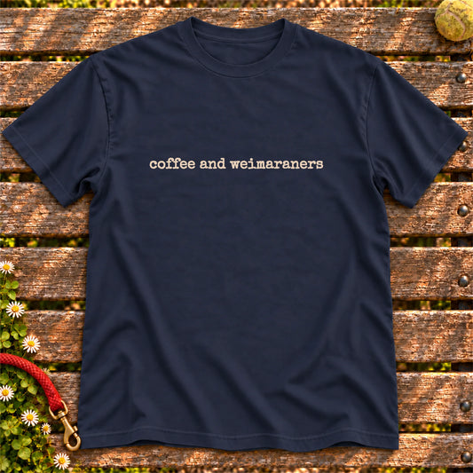 Coffee & Weimaraners design on a Navy T-shirt, shown flat