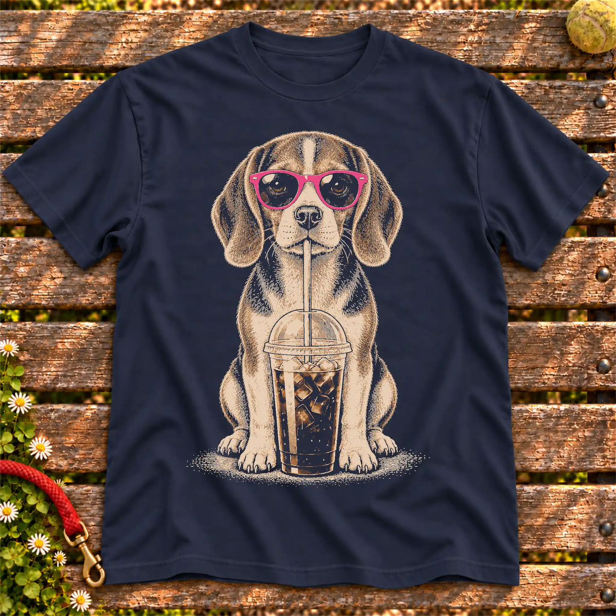 Beagle drinking cold coffee in pink sunglasses on Navy T-shirt