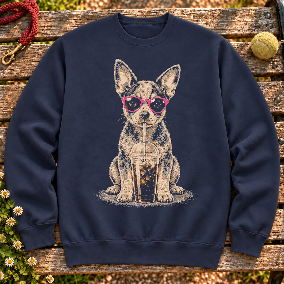 Blue Heeler drinking cold coffee in pink sunglasses on Navy sweatshirt