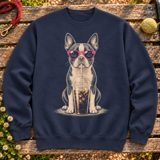 Boston Terrier drinking cold coffee in pink sunglasses on Navy sweatshirt