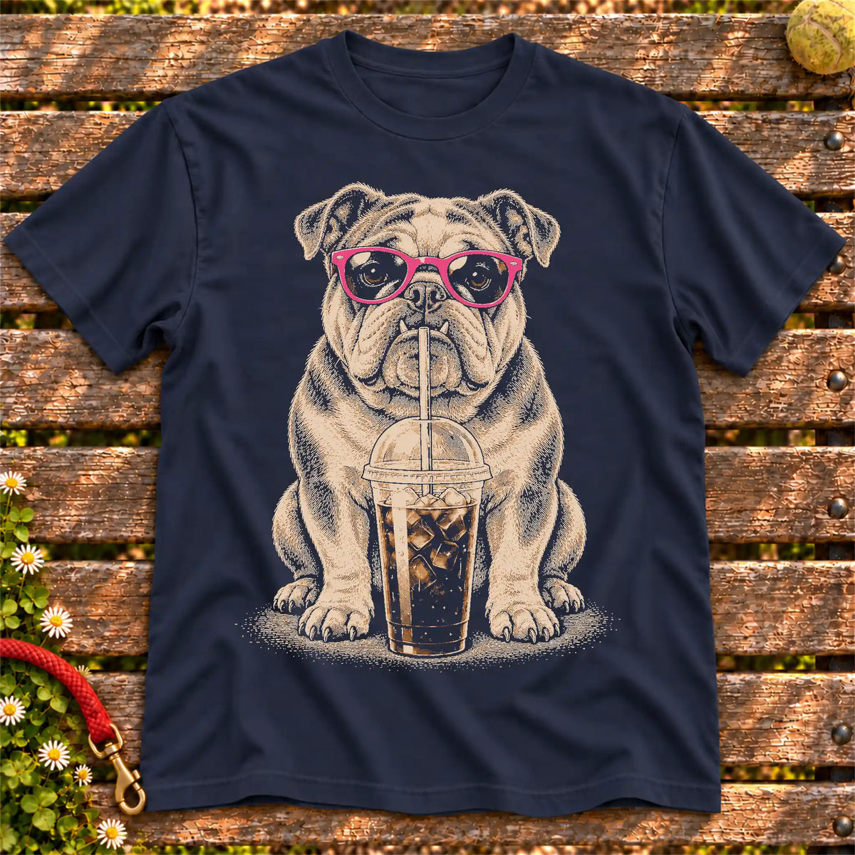 Bulldog drinking cold coffee in pink sunglasses on Navy T-shirt