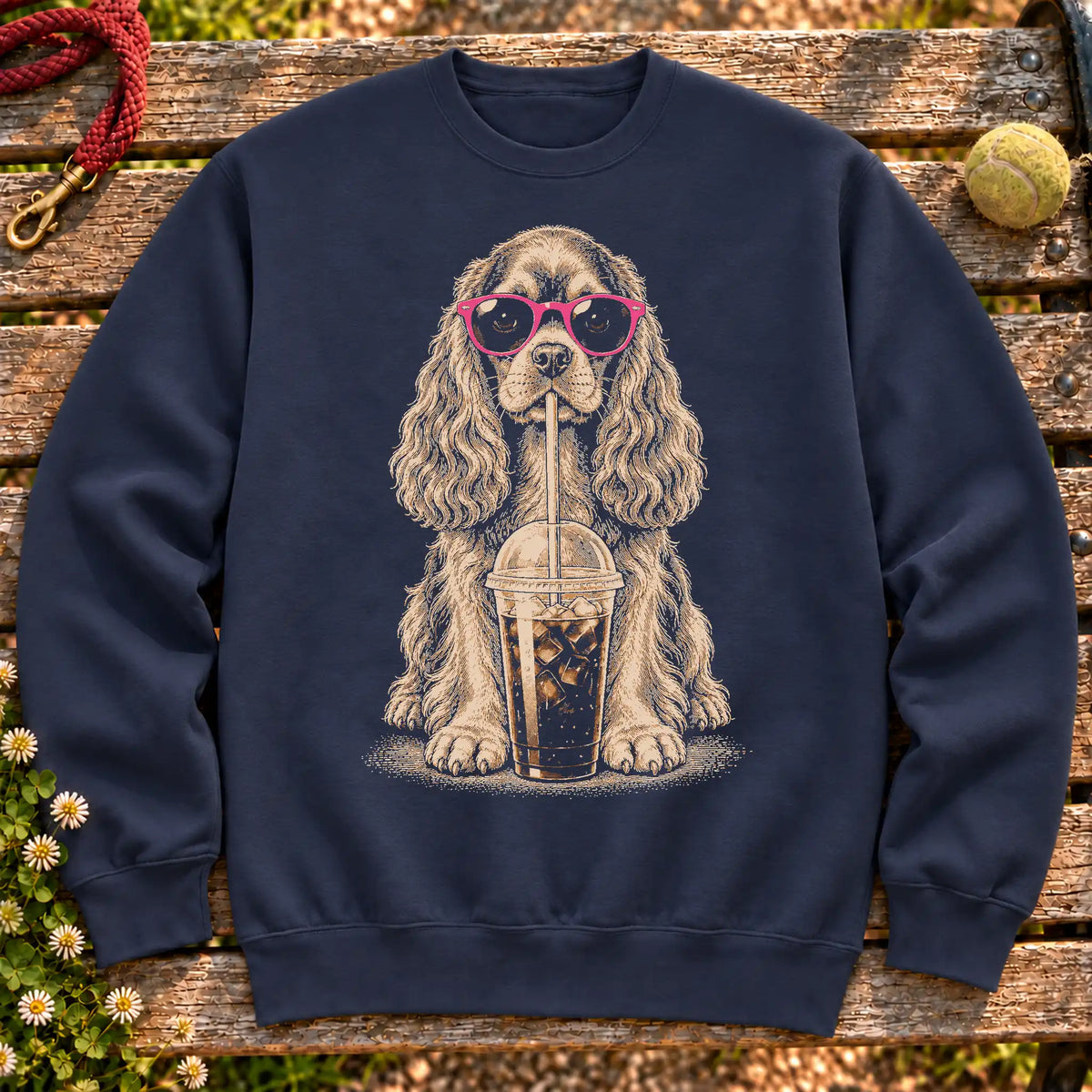 Cocker Spaniel drinking cold coffee in pink sunglasses on Navy sweatshirt