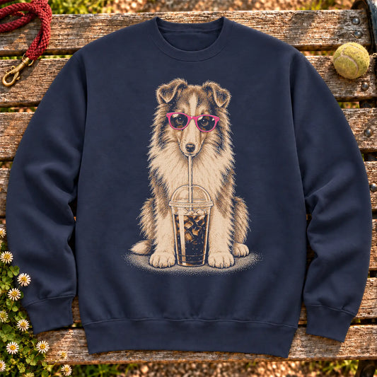 Collie drinking cold coffee in pink sunglasses on Navy sweatshirt