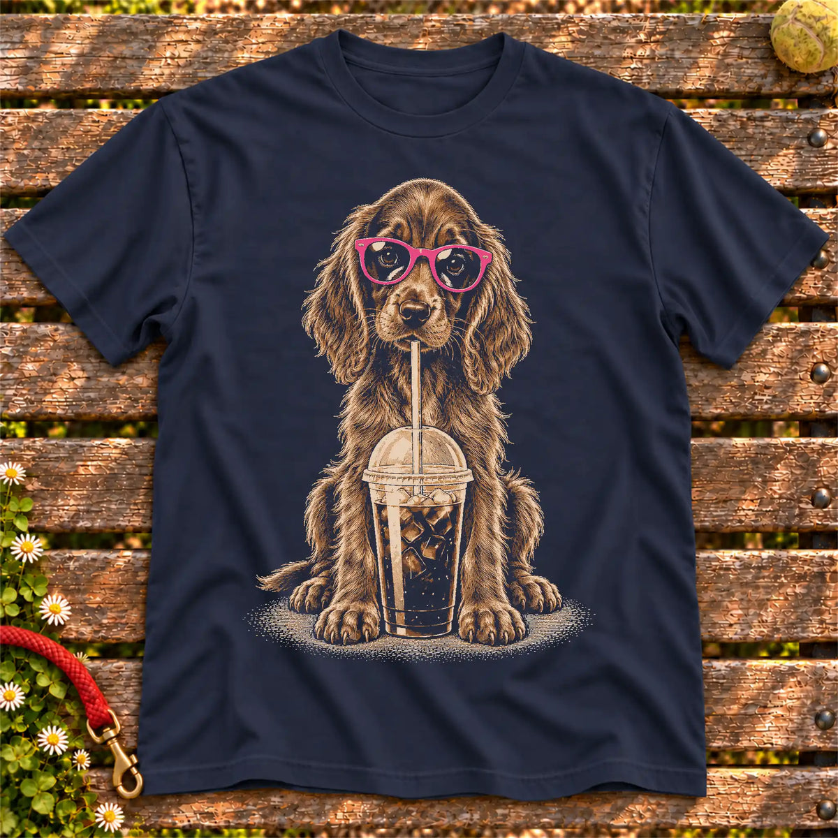 Irish Setter drinking cold coffee in pink sunglasses on Navy T-shirt