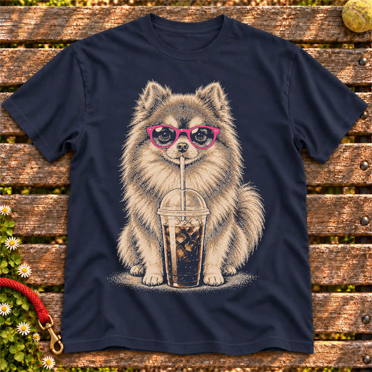 Pomeranian drinking cold coffee in pink sunglasses on Navy T-shirt