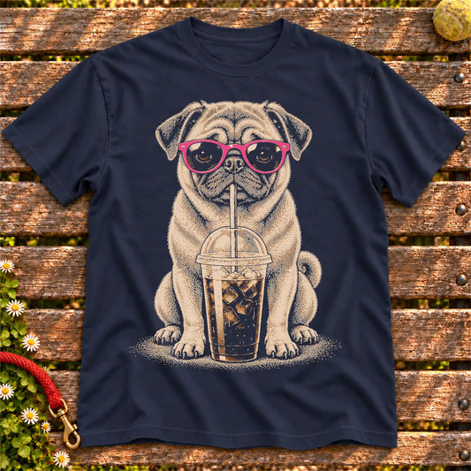 Pug drinking cold coffee in pink sunglasses on Navy T-shirt