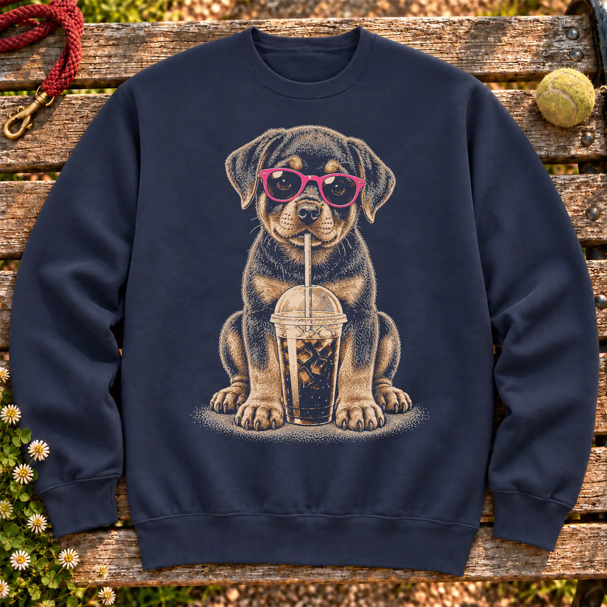 Rottweiler drinking cold coffee in pink sunglasses on Navy sweatshirt