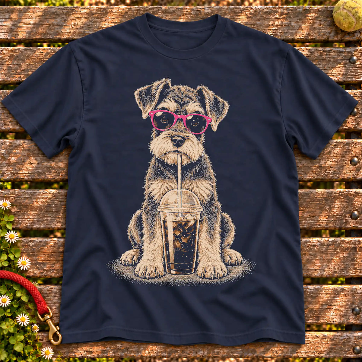 Schnauzer drinking cold coffee in pink sunglasses on Navy T-shirt
