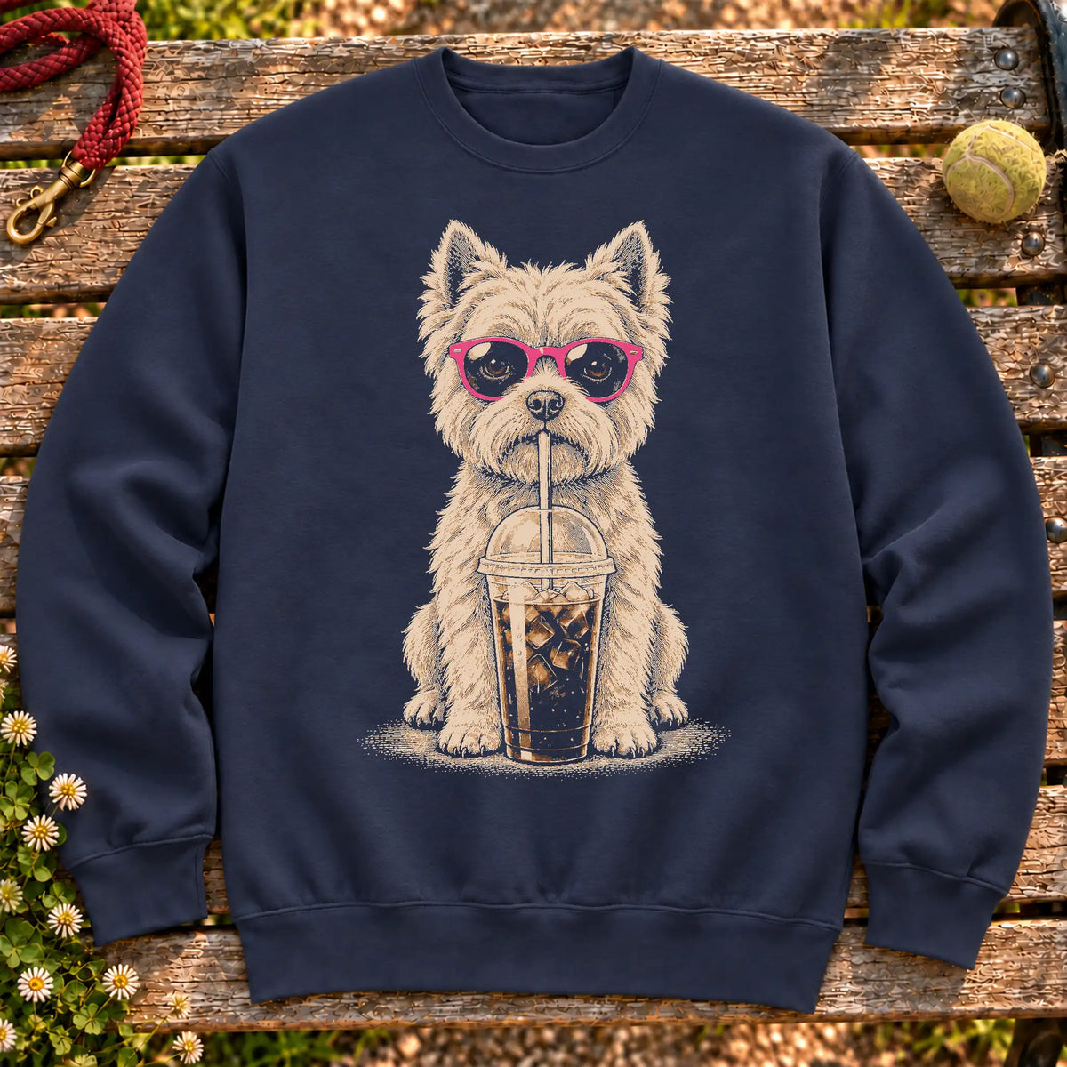 Westie drinking cold coffee in pink sunglasses on Navy sweatshirt