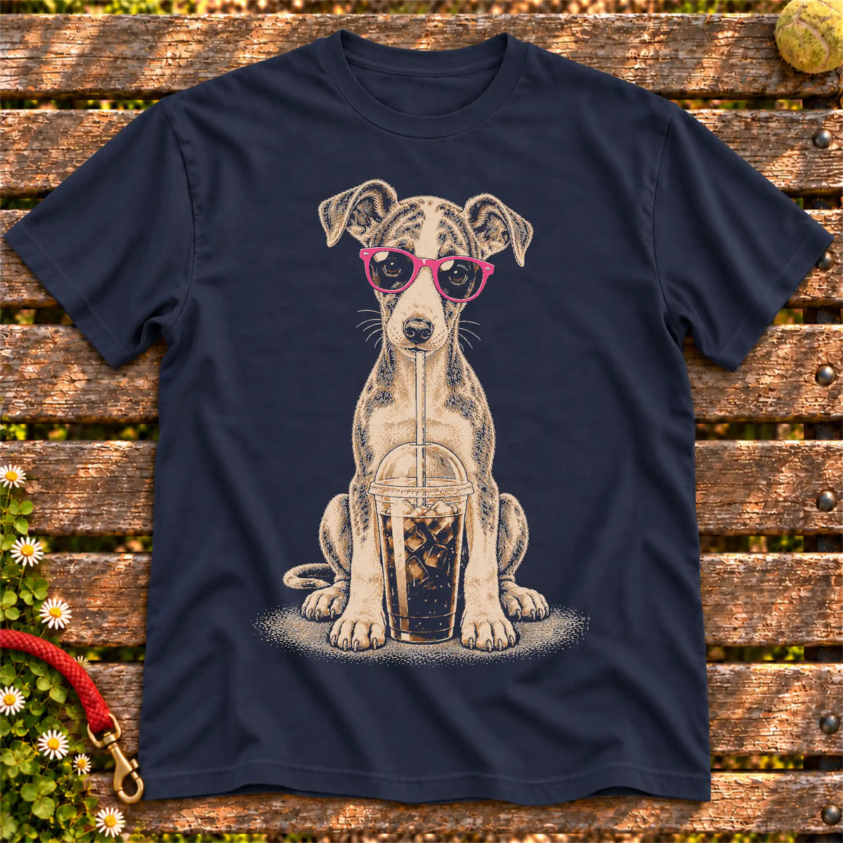 Whippet drinking cold coffee in pink sunglasses on Navy T-shirt