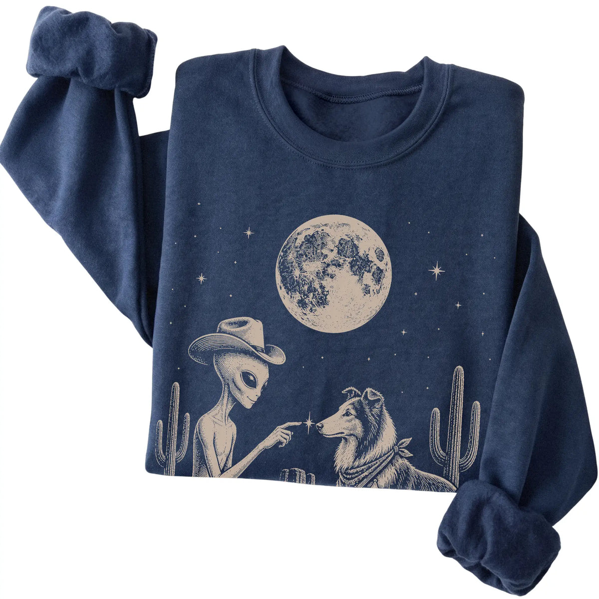 Navy crewneck sweatshirt featuring Collie Cowboy and Alien, folded presentation
