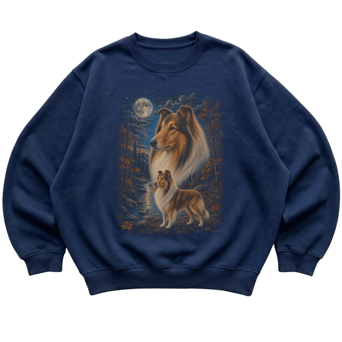 navy sweatshirt with Collie Autumn Moon artwork.