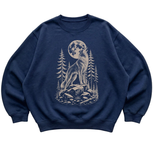 Close view of Collie Howling at the Moon artwork on Navy crewneck sweatshirt