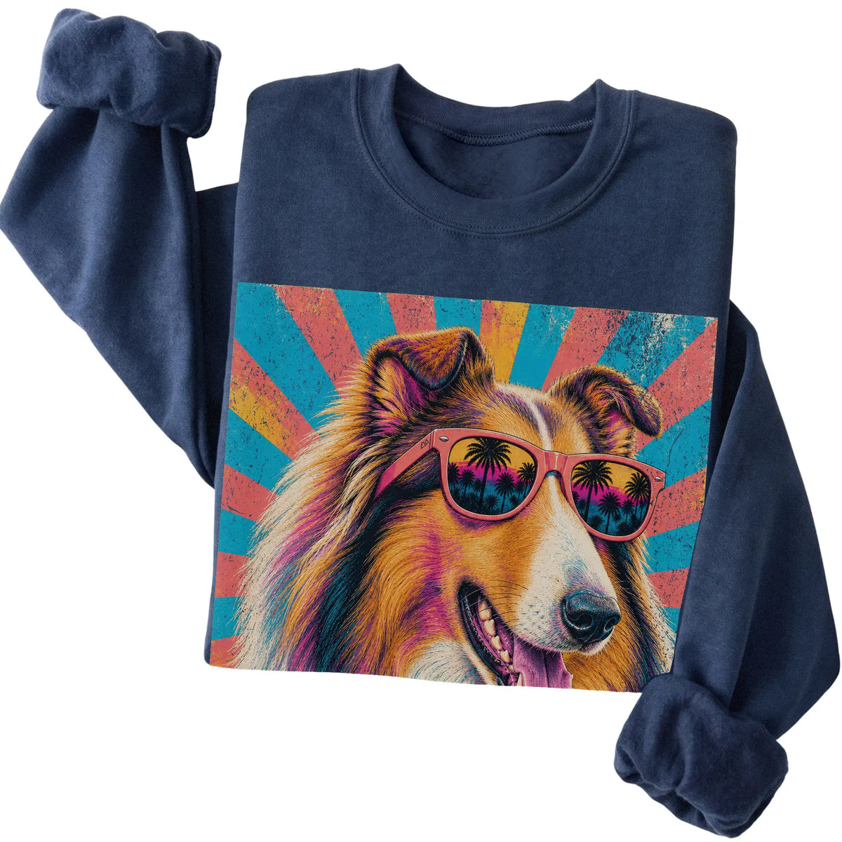 Folded Navy crewneck sweatshirt with a Retro Collie Mama design