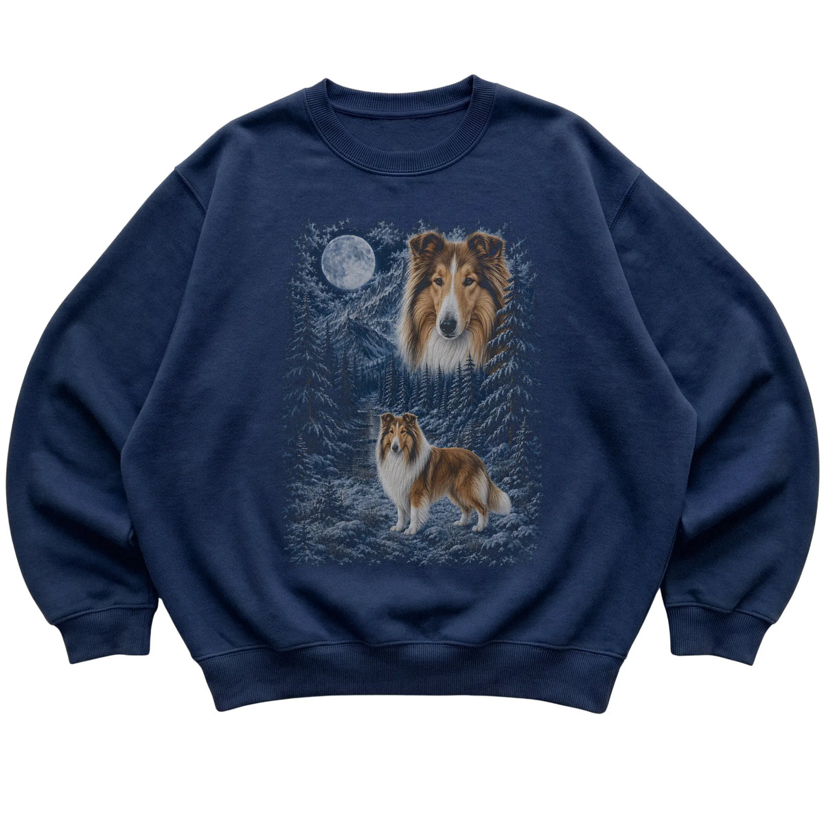 navy sweatshirt with Collie Winter Moon artwork.
