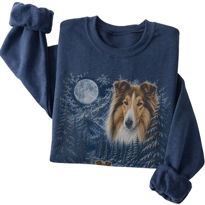 Folded navy sweatshirt with Collie Winter Moon artwork.