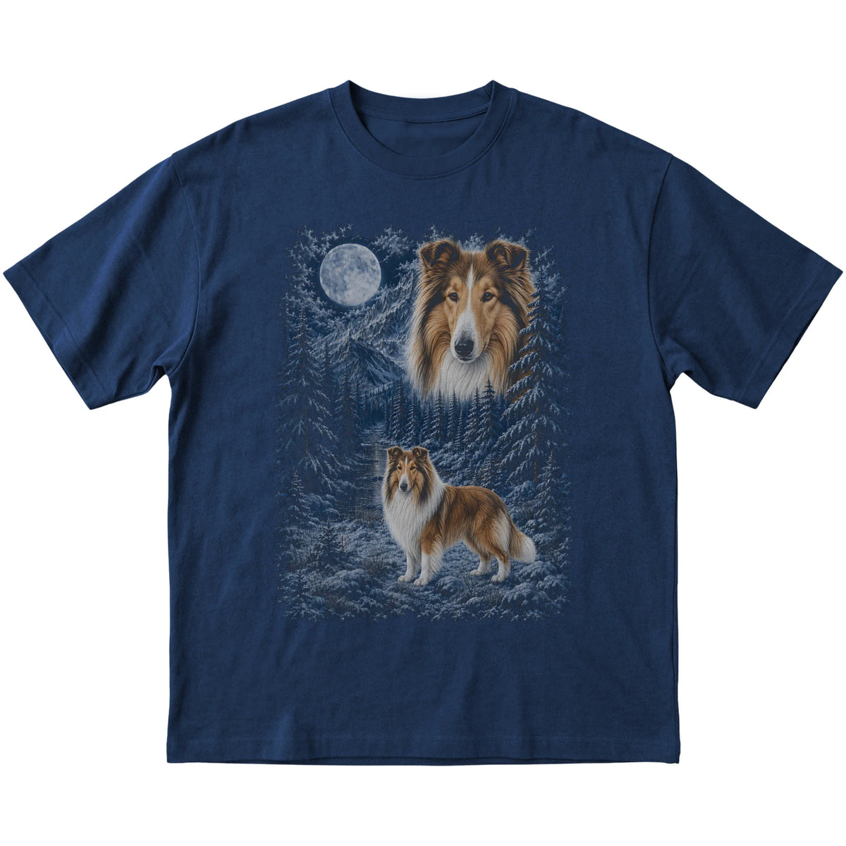 navy T-shirt with Collie Winter Moon artwork.