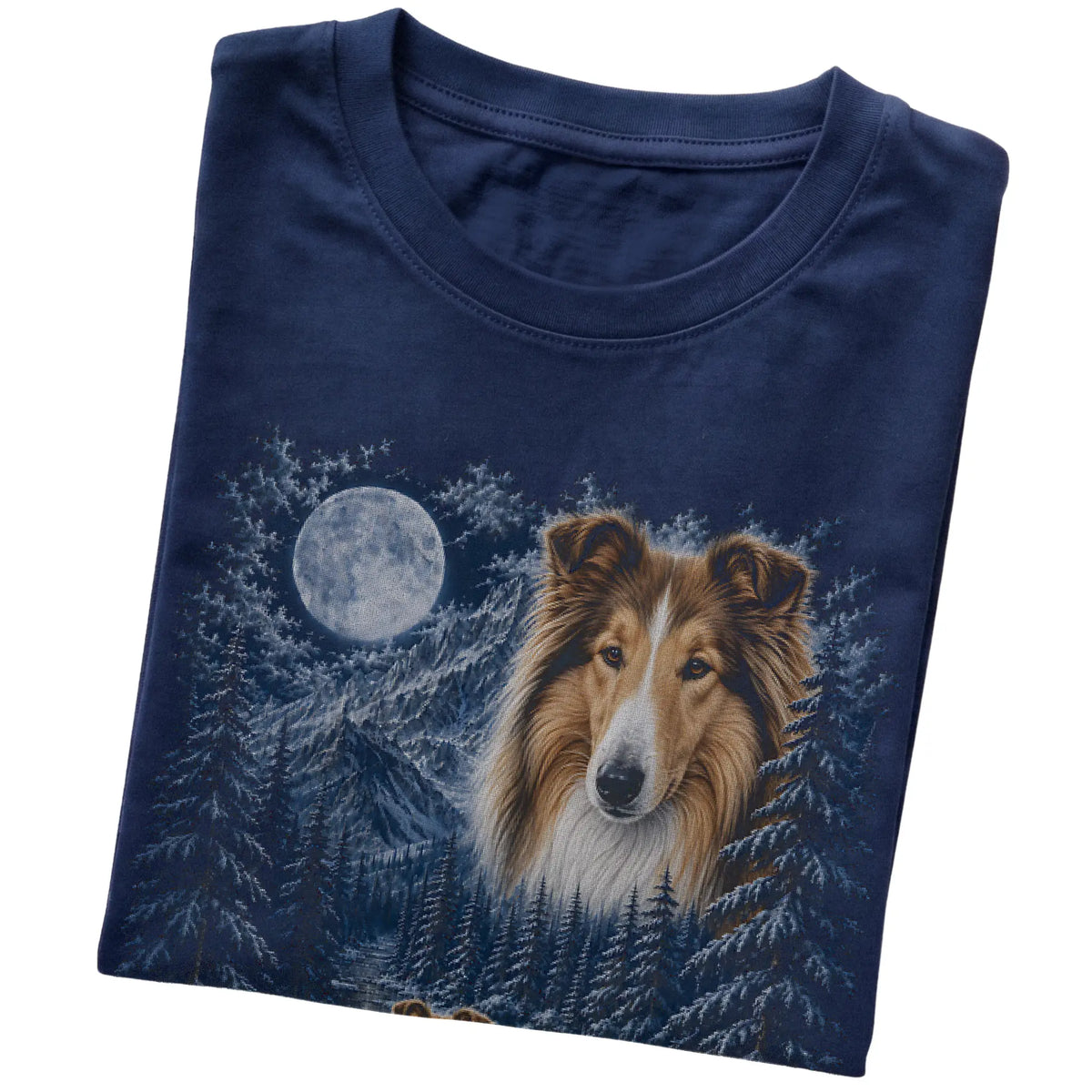 Folded navy T-shirt with Collie Winter Moon artwork.