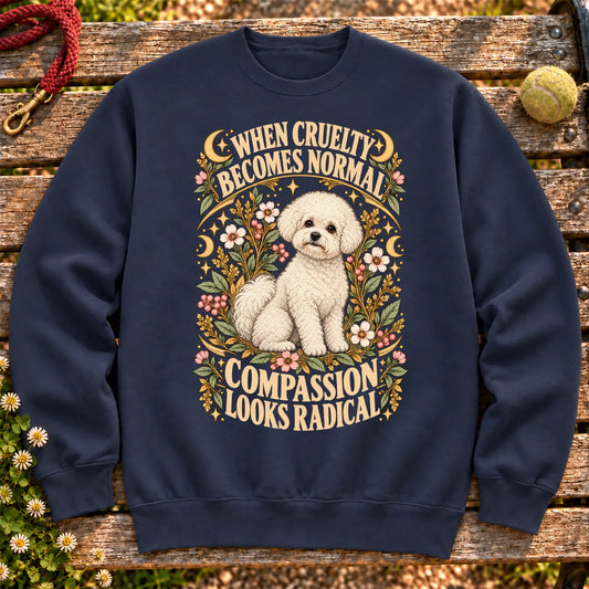 Compassion Looks Radical Bichon Frise design on a Navy Gildan sweatshirt