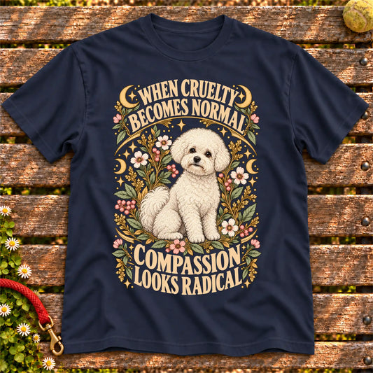 Compassion Looks Radical Bichon Frise design on a Navy Gildan T-shirt