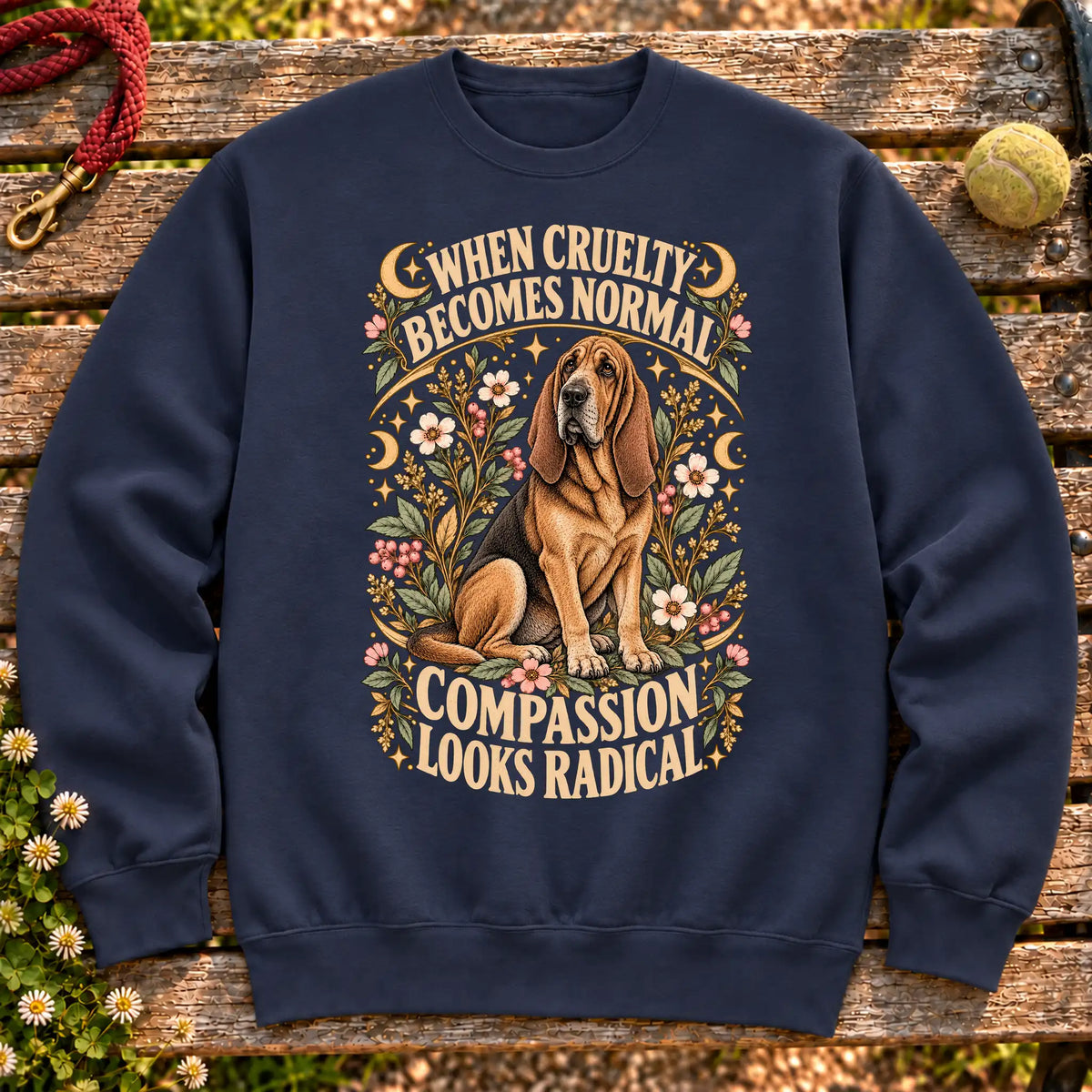 Compassion Looks Radical Bloodhound design on a Navy Gildan sweatshirt