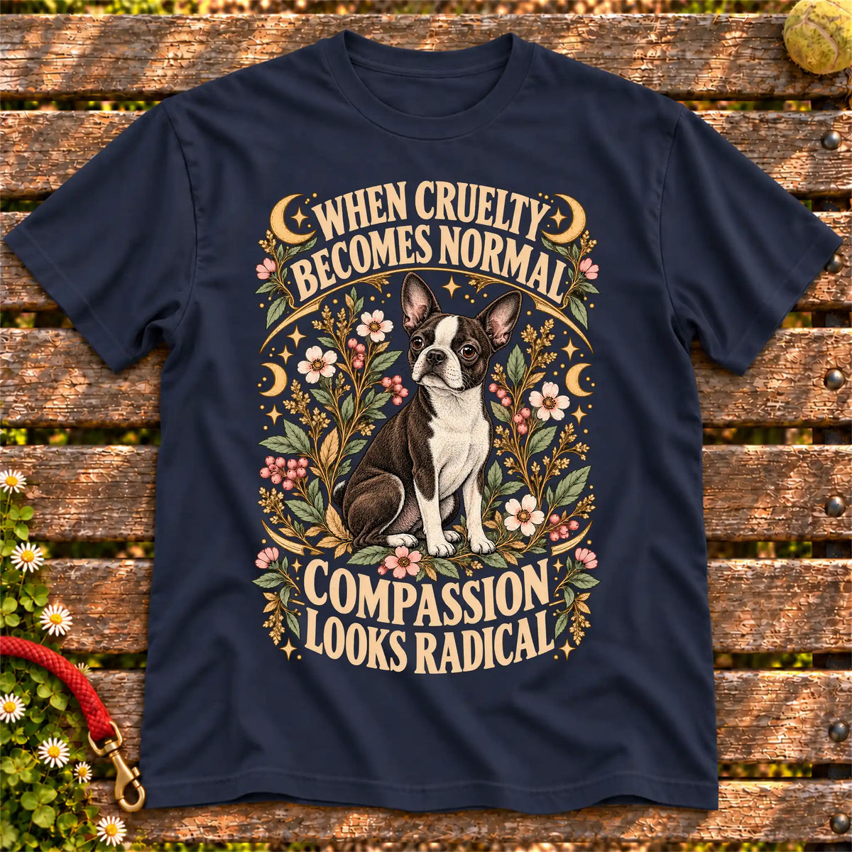 Compassion Looks Radical Boston Terrier design on a Navy Gildan T-shirt