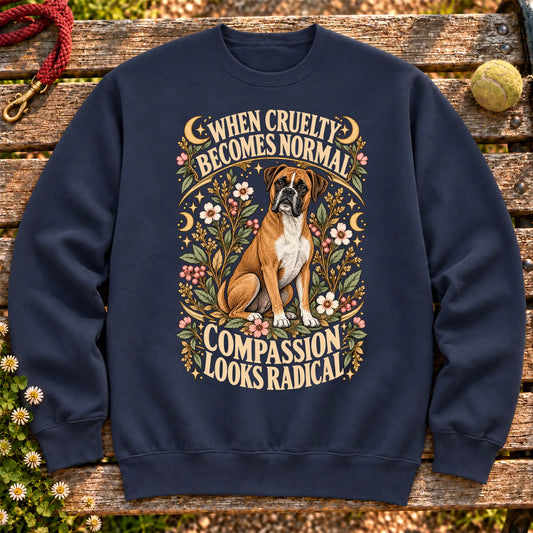 Compassion Looks Radical Boxer design on a Navy Gildan sweatshirt