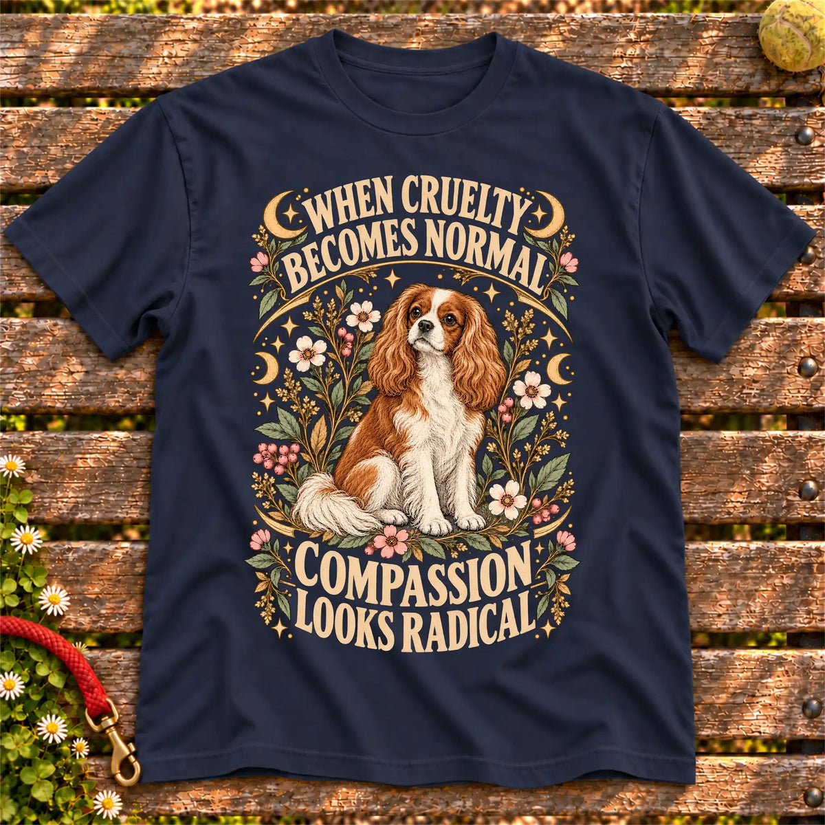 Compassion Looks Radical Cavalier King Charles Spaniel design on a Navy Gildan T-shirt