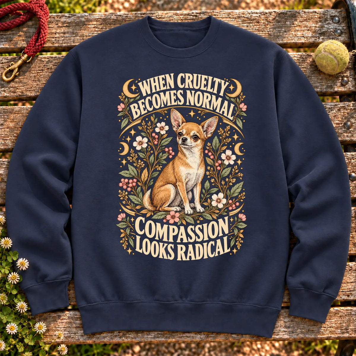 Compassion Looks Radical Chihuahua design on a Navy Gildan sweatshirt