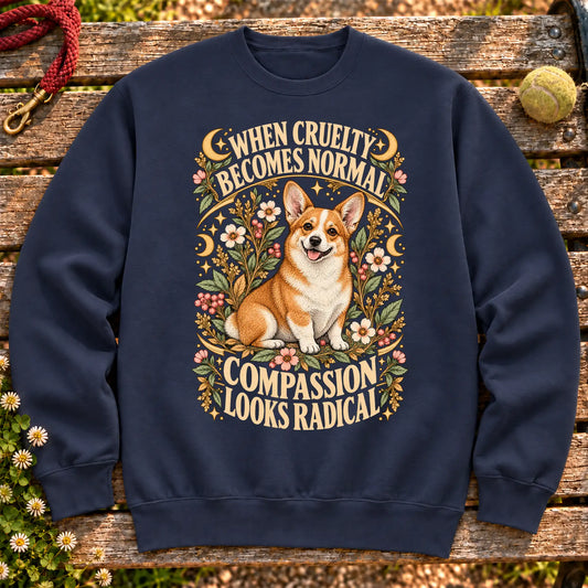 Compassion Looks Radical Corgi design on a Navy Gildan sweatshirt