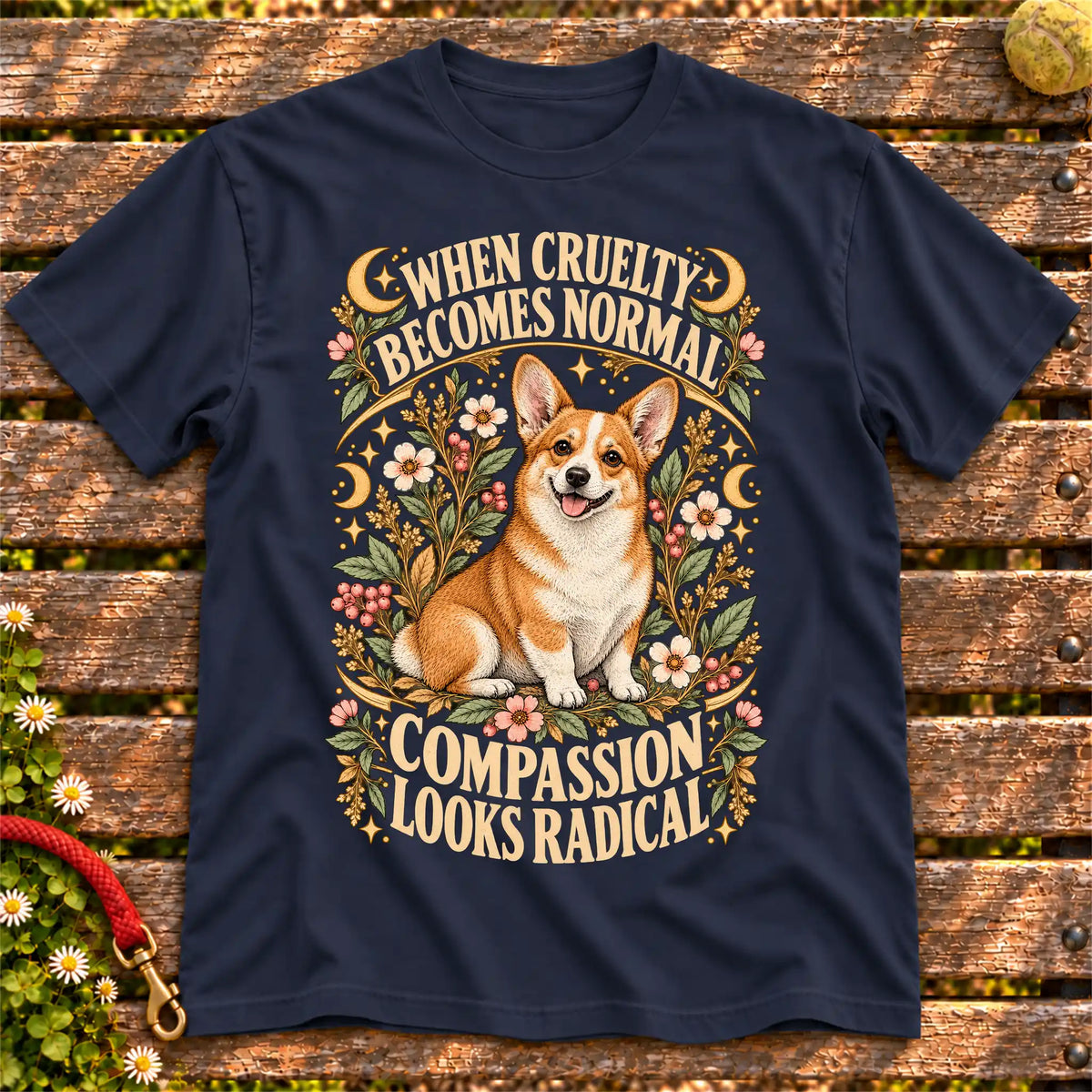 Compassion Looks Radical Corgi design on a Navy Gildan T-shirt