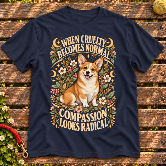 Compassion Looks Radical Corgi design on a Navy Gildan T-shirt